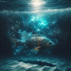 Fototapeta premium A blue and white cartoon fish with a large mouth and fins floating on the bottom of the sea