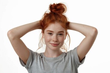 Fototapeta premium woman wearing her red hair on white background