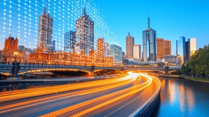 Obraz premium A vibrant urban skyline at dusk, featuring a river, bright city lights, and a modern, digital overlay.