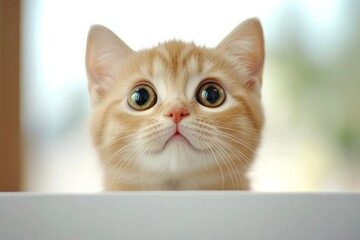 Fototapeta premium Surprised Scottish Fold kitten gazing curiously while being held in a sunlit clinic