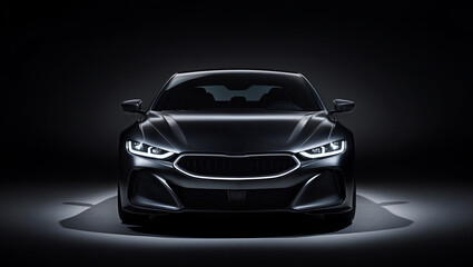 Modern black sports car with glossy finish, aggressive front grille, and distinctive illuminated headlights