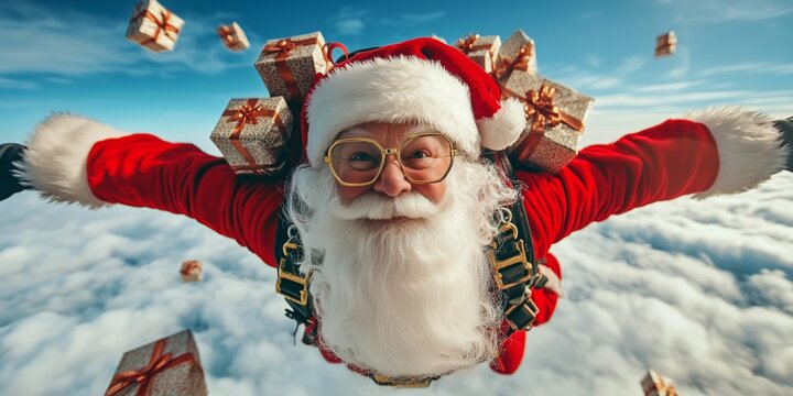 Santa Claus as a skydiver jumps to earth with a parachute and many gifts on his back