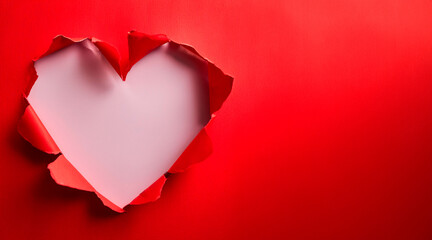 Ripped paper hole heart shaped on red paper background. Valentine`s day celebration concept.