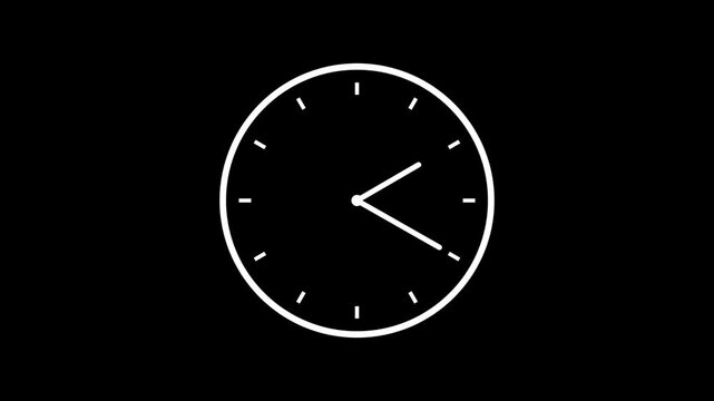 Clock Animation Video. clock icon white color with moving arrows in 12 hour loop 4K video on black background.