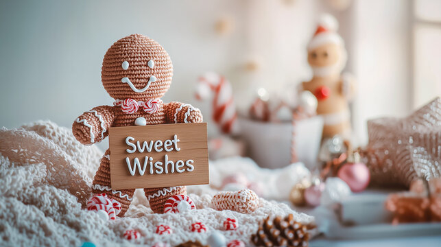 A cute little Gingerbread man made of knitted fabric holds a sign with the inscription Sweet Wishes. The sweetest holiday greeting. New year greeting card.