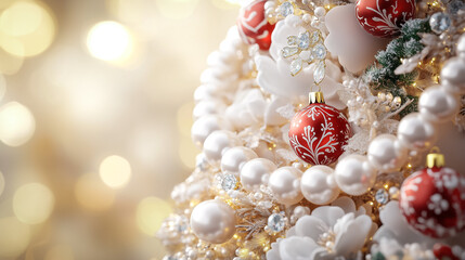 Christmas pine tree made of pearls for Christmas jewelry or sales of bookstores. Creative design in shape of decorated fir tree with Retro baubles, pearls and balls