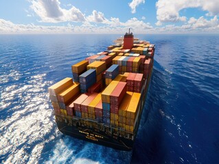 Majestic wide-angle view of a large container ship navigating the open sea under bright blue skies and fluffy clouds