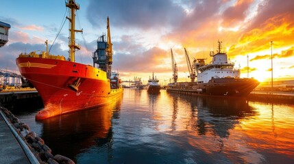 Fototapeta premium Stunning sunset over port a wide view of sea transport vessels lined up at the dock capturing the beauty of maritime industry and infrastructure