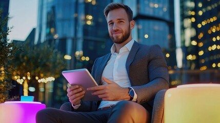 Empowering the future a young entrepreneur harnessing technology in a modern urban landscape with a tablet in hand