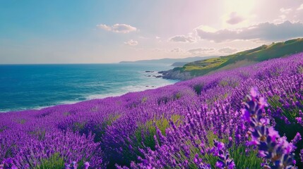 Obraz premium An unexpected scene where the ocean suddenly turns into a field of lavender