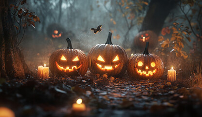 Naklejka premium carved pumpkins with smiling faces sit in the woods, surrounded by candles in the foggy forest at night