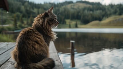 Norwegian Forest Cat on Deck Overlooking Serene Lake and Forest Landscape