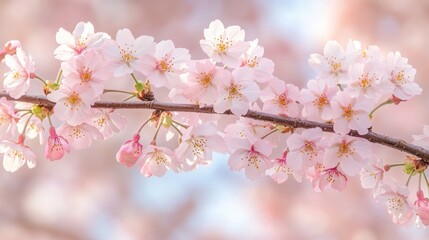 Obraz premium Close-up of delicate pink cherry blossoms on a branch with a soft, blurred background.