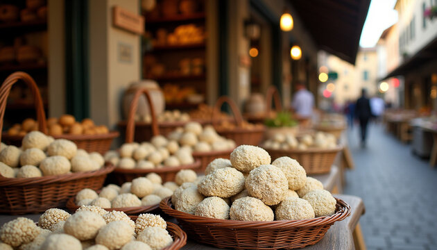 Rustic truffle market background, wooden tables filled with fresh white truffles, baskets, and other local products, set against the charming streets of San Miniato, giving a warm, earthy vibe