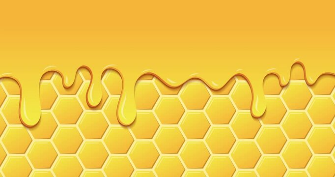 Dripping honey animation. Realistic drops of honey. Dessert background with melted honey. Dripping honey. Motion graphic. 4K animation