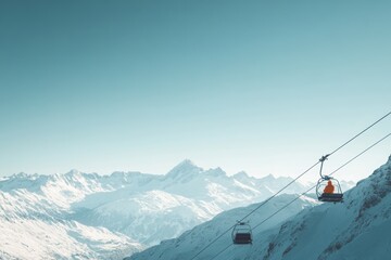 Fototapeta premium solo skier ascending a mountain in a gondola lift, snow-covered peaks and valleys below, minimal background with copy space