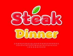 Vector advertising flyer Steak Dinner. Glossy Red Font. Bright Alphabet Letters and Numbers set.