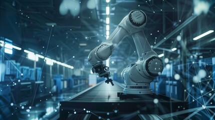 Modern robotic arm working on an assembly line in a smart factory, with network connections visualized as glowing lines and dots, representing automation and industry 4.0