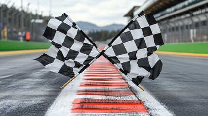 Two crossed checkered flags symbolize the finish line on a race track