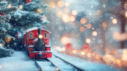 Christmas decoration train on snow next to a Christmas tree and bokeh lights