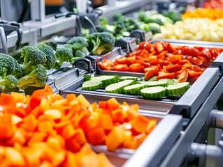 Colorful Vegetables in a Food Processing Line