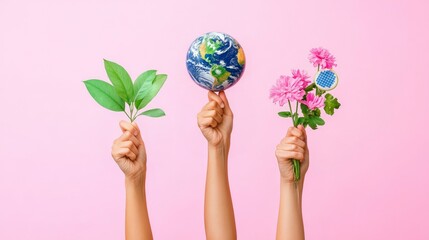 A vibrant image of hands holding leaves, a globe, and flowers against a pink background, symbolizing nature, sustainability, and environmental awareness.