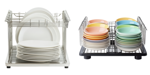 Dish Rack with Plates and Colorful Bowls on White Background
