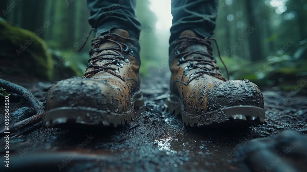 Poster a hiker pauses on a muddy path through a dense forest, showcasing worn boots covered in mud, surroun