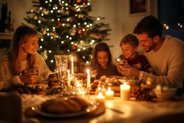 family gathered around a table with candles, enjoying a Christmas feast, minimal background with copy space
