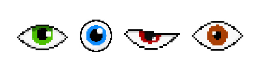 Pixel eyes set. Green pupil with squinted red and round blue for vibrant look and fine vector design