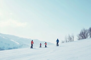 family on a ski trip, learning to ski on a gentle slope with a scenic snow-covered backdrop, minimal background with copy space