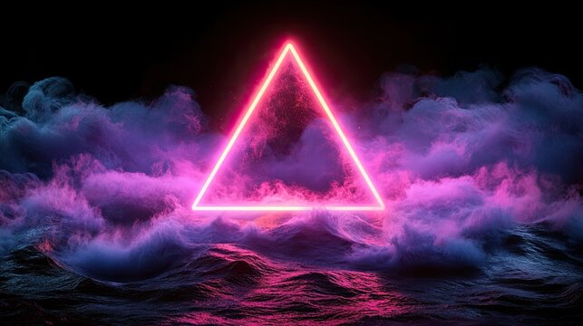 A glowing pink triangle sits above a sea of purple and blue smoke.