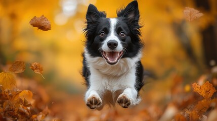 A Black and White Border Collie Leaping Through Autumn Leaves