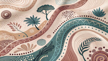 African-inspired fabric with nature motifs and earth tones