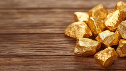 Fototapeta premium Golden nuggets on wooden surface create rich and luxurious feel