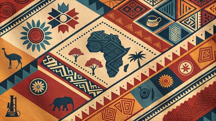 African fabric with map, symbols, and safari animal icons
