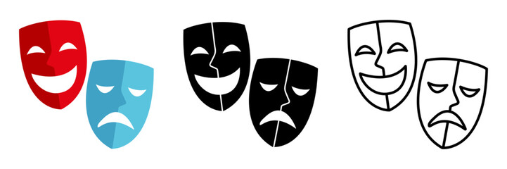 Theater masks icon. Comic and tragic mask icons. Happy and unhappy traditional symbol of theater.