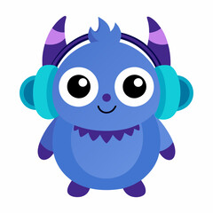 Cute little blue cartoon monster with headphones on white background