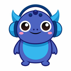 Cute little blue cartoon monster with headphones on white background