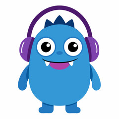 Cute little blue cartoon monster with headphones on white background