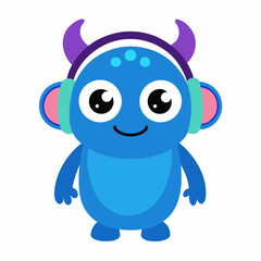 Cute little blue cartoon monster with headphones on white background