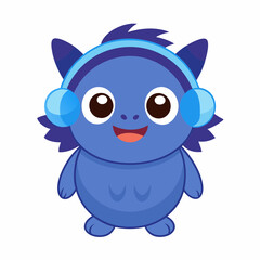 Cute little blue cartoon monster with headphones on white background