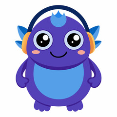 Cute little blue cartoon monster with headphones on white background