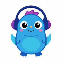 Cute little blue cartoon monster with headphones on white background