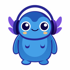 Cute little blue cartoon monster with headphones on white background