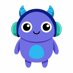 Cute little blue cartoon monster with headphones on white background