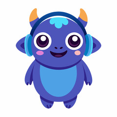 Cute little blue cartoon monster with headphones on white background