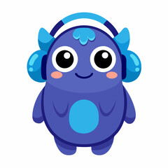 Cute little blue cartoon monster with headphones on white background