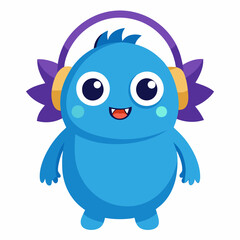 Cute little blue cartoon monster with headphones on white background