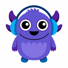 Cute little blue cartoon monster with headphones on white background